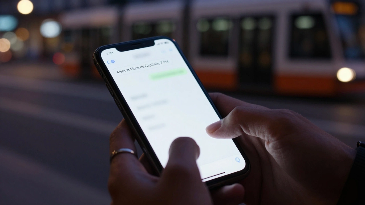 A smartphone screen displays an encrypted chat with meeting details, glowing in a dark room.