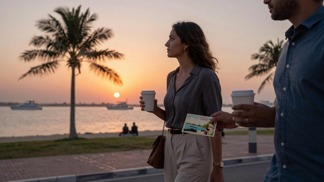 Couple walking at Dubai Marina at sunset, holding coffee and a vintage postcard