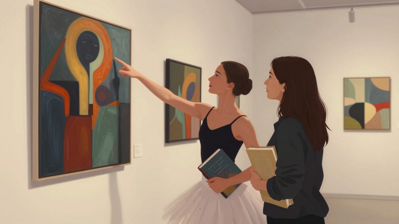 Former ballet dancer explaining art in an Alserkal Avenue gallery