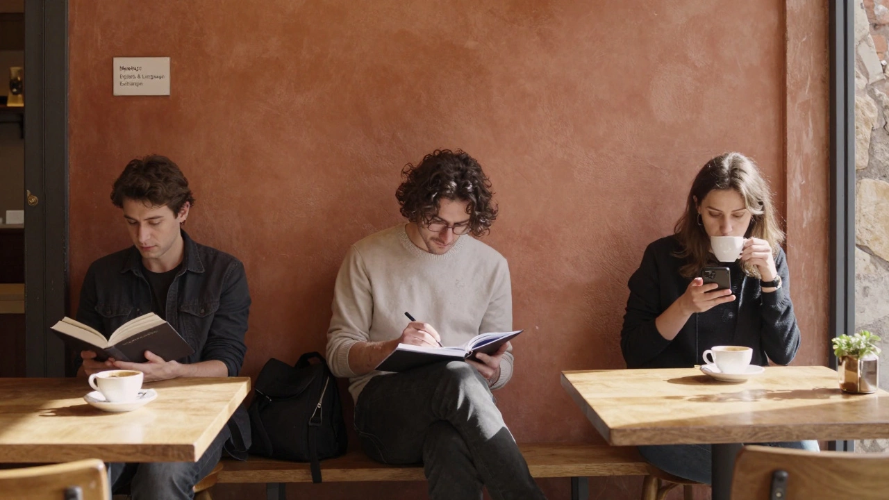 Three people sit quietly in a Toulouse café, each absorbed in their own activity, suggesting solitude and quiet connection.